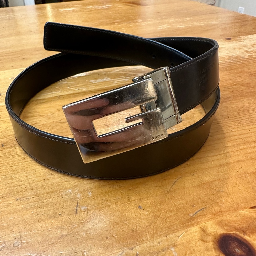 Gucci 036 1669 G Authentic Buckle Leather Belt Black Waist Womens
